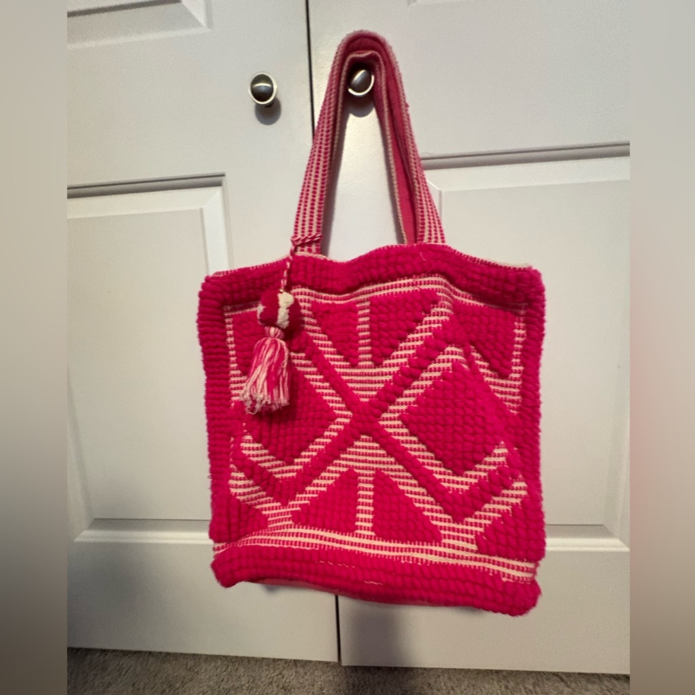 Hot Pink Pom Pom Woven Tote Bag